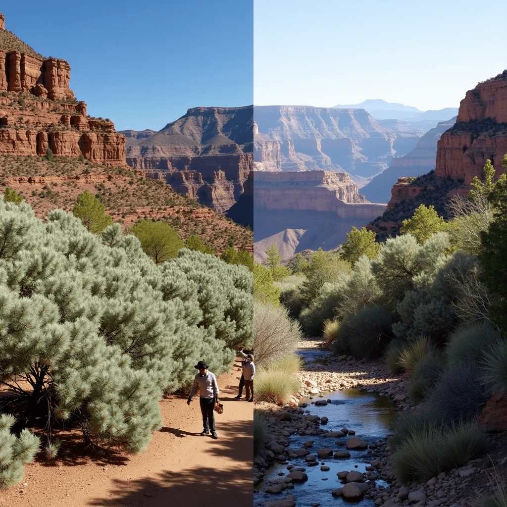 The generated image powerfully captures the ongoing battle against invasive tamarisk trees in the Grand Canyon. This split-screen composition effectively contrasts the problem with the conservation efforts being made to address it. On the left side of the image, we see a dense thicket of tamarisk trees along the Colorado River. Their feathery, grayish-green foliage dominates the riverbank, crowding out native vegetation. This visual representation clearly illustrates why tamarisk is considered an invasive species - it forms monocultures that disrupt the natural ecosystem balance. The right side of the image portrays the active efforts to combat this invasion. Park rangers or volunteers are shown removing tamarisk trees using chainsaws and other tools. This side emphasizes the labor-intensive nature of tamarisk removal and the dedication required to restore the natural landscape. Serving as a backdrop to both scenes are the iconic red rock formations of the Grand Canyon. These majestic cliffs provide a stark reminder of what's at stake - the preservation of one of America's most treasured natural landscapes. The tamarisk, also known as saltcedar, was originally introduced to the American Southwest in the 19th century for erosion control. However, it has since become a significant ecological problem. These trees consume large amounts of water, increase soil salinity, and outcompete native plant species, fundamentally altering riparian ecosystems. In the Grand Canyon, tamarisk has been particularly problematic along the Colorado River corridor. Its presence has reduced biodiversity, altered wildlife habitats, and even impacted recreational activities by forming dense, often impenetrable thickets along the riverbanks. The efforts to remove tamarisk, as depicted in the image, are part of a larger, long-term strategy to restore the Grand Canyon's native ecosystems. This involves not only removing the invasive trees but also replanting native species and monitoring the area for regrowth. The battle against tamarisk in the Grand Canyon is a testament to the ongoing challenges in conservation and the importance of active management in preserving our natural heritage. It serves as a reminder that ecosystems are delicate balances, easily disrupted by introduced species, and that maintaining these natural wonders requires constant vigilance and effort. This image effectively communicates the scale of the tamarisk problem in the Grand Canyon and the determined efforts being made to address it. It serves as a powerful visual tool for raising awareness about invasive species management and the importance of preserving natural ecosystems in our national parks.