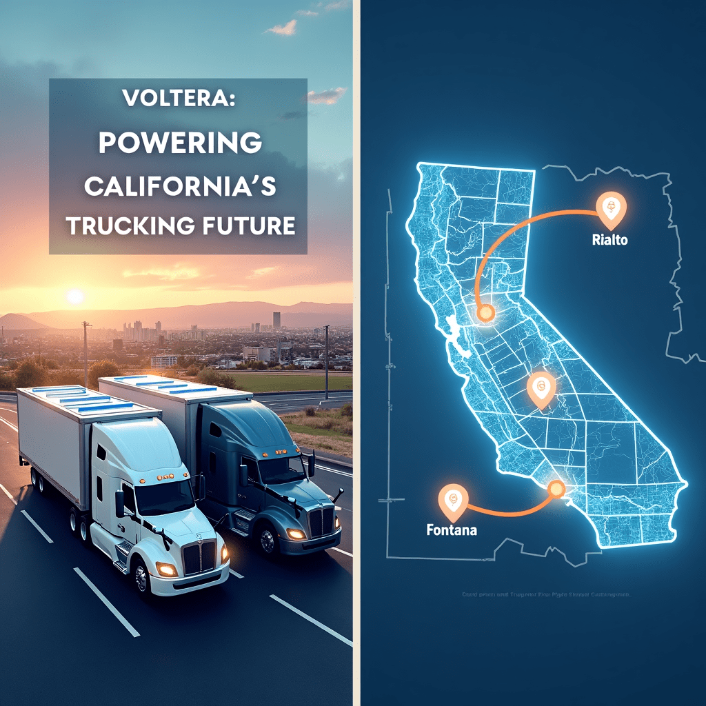 The generated image effectively captures Voltera's ambitious expansion of electric truck charging infrastructure in California. The split-screen composition vividly illustrates the company's strategic approach to sustainable transportation. On the left side, a state-of-the-art charging station dominates the scene. Multiple high-power charging ports stand ready to serve a fleet of sleek, electric semi-trucks. The station's futuristic design, complete with solar panels on the roof, emphasizes Voltera's commitment to renewable energy and cutting-edge technology. This visual representation aligns perfectly with the article's description of the new sites' impressive charging capabilities and their ability to accommodate several trucks simultaneously. The right side of the image features a map of California, with Rialto and Fontana prominently highlighted. Glowing lines connecting these locations represent the major highways, underscoring the strategic placement of Voltera's new charging sites along high-traffic corridors. This visual element effectively communicates the company's focus on supporting the growing fleet of electric trucks traversing California's busy routes. A banner across the top of the image proclaims "Voltera: Powering California's Electric Trucking Future," encapsulating the main theme of the article and Voltera's vision for sustainable transportation. The background showcases a cityscape with clear skies, subtly emphasizing the environmental benefits of electric trucking. This clean, urban setting visually represents the article's mention of slashing diesel pollution in key urban areas. The image's vibrant colors convey a sense of energy and innovation, reflecting the forward-thinking nature of Voltera's initiative. The overall composition successfully illustrates how infrastructure development can drive sustainable transportation forward, a key point highlighted in the Green Living Guy's take on the project. This visual representation serves as a powerful complement to the article, bringing to life Voltera's expansion in California and its potential impact on the future of electric trucking. It effectively communicates the scale of the project, its strategic importance, and its role in advancing sustainable transportation in the state.