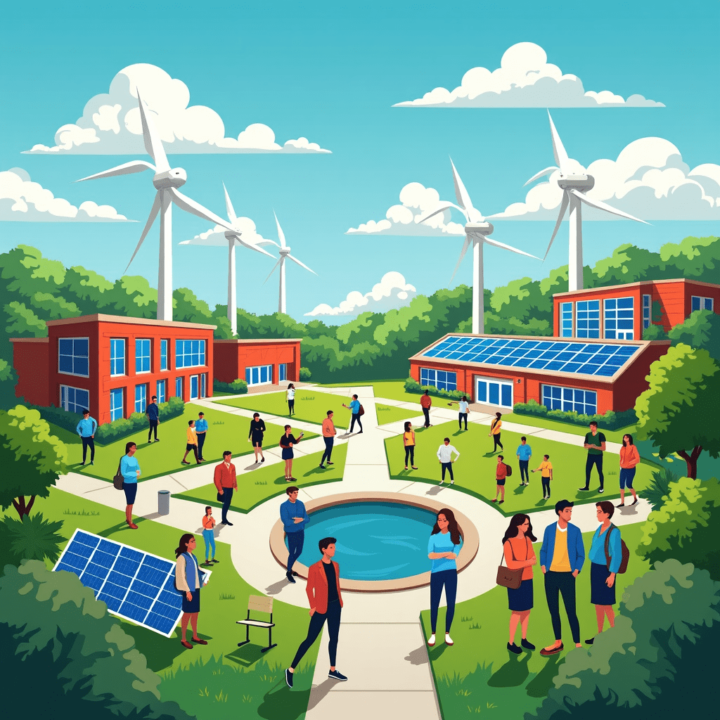 The image depicts a vibrant scene at the University of Dayton's Clean and Renewable Energy Program. Students and faculty are actively engaged in various energy efficiency projects, surrounded by solar panels, wind turbines, and energy-efficient buildings, reflecting a dynamic and innovative atmosphere committed to sustainability and clean energy education.