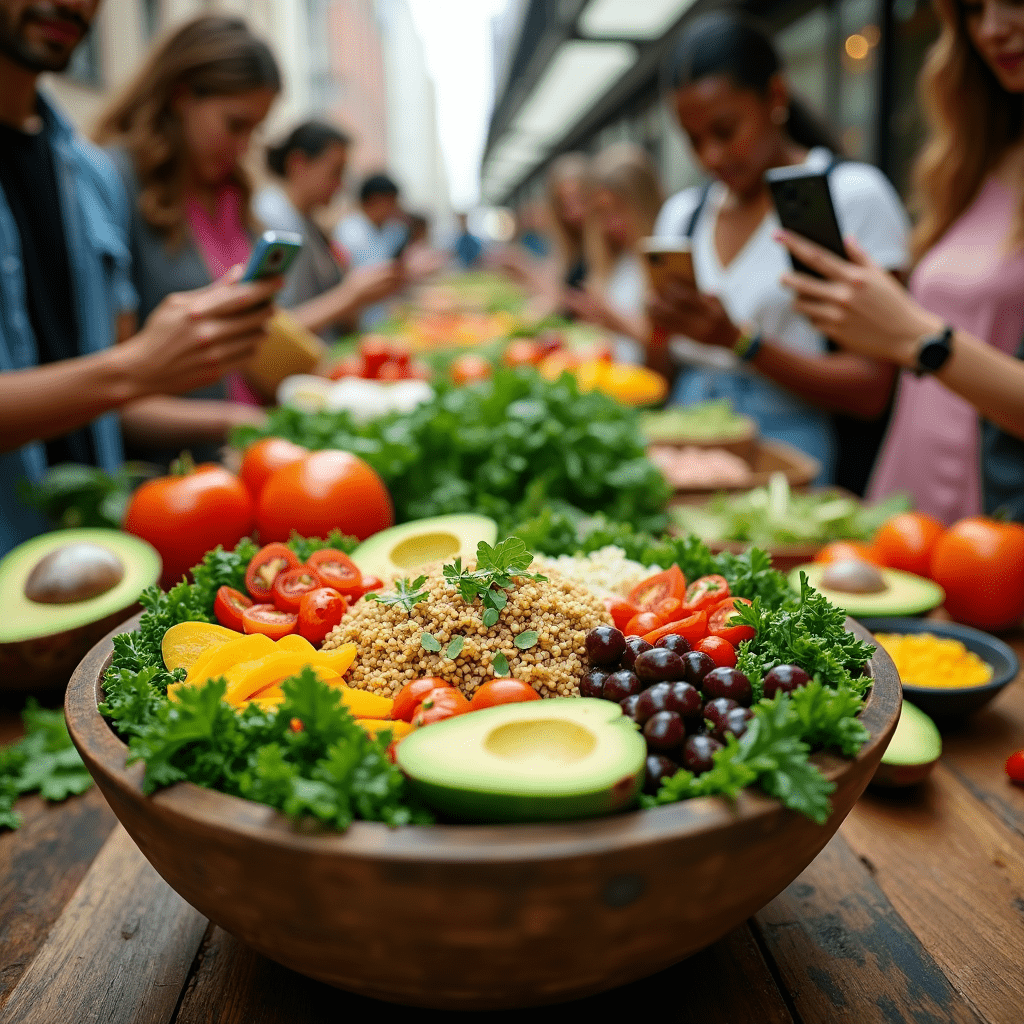 The generated image perfectly encapsulates the modern appeal of organic salads and the broader organic food trend. At the center of the composition, a large, vibrant salad bowl takes center stage, filled with an array of fresh, organic ingredients. The colorful mix of kale, quinoa, avocado, and heirloom tomatoes creates a visually striking focal point, emphasizing the diversity and attractiveness of organic produce. The rustic wooden table on which the salad bowl rests adds a touch of authenticity and warmth to the scene. Scattered around the main dish are other organic fruits and vegetables, reinforcing the abundance and variety available in the organic food market. In the background, a lively farmer's market or trendy organic cafe setting is visible, populated by a diverse group of young people. This backdrop effectively communicates the social and cultural aspects of the organic food movement, portraying it as a hip and communal experience. The image's bright, Instagram-worthy colors and lighting enhance the overall appeal, making the organic salad look not just healthy, but genuinely desirable and cool. This visual treatment aligns perfectly with the title "Organic Boom: Why Your Salad Just Got Cooler," illustrating how organic eating has transformed from a niche health trend to a stylish lifestyle choice. A subtle but important detail in the image is a smartphone capturing a picture of the salad, highlighting the social media-driven nature of food trends and how organic eating has become a shareable, even brag-worthy experience. The inclusion of eco-friendly packaging further emphasizes the environmental consciousness associated with the organic movement. Overall, this image successfully conveys the message that organic salads, and by extension organic food, have evolved beyond mere health considerations to become a trendy, socially relevant, and aesthetically pleasing culinary choice. It visually articulates why salads have indeed "gotten cooler" in the context of the organic food boom.