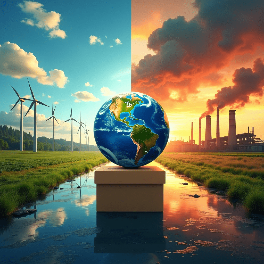 The generated image powerfully illustrates the potential impact of the 2024 US Election on climate change. It presents a striking contrast between two possible futures: On one side, we see a vibrant, green landscape dotted with wind turbines and solar panels. This represents a sustainable future where renewable energy sources are prioritized. The sky is clear and blue, suggesting clean air and a healthy environment. On the opposite side, a stark industrial landscape dominates. Smokestacks belch dark clouds into the air, and fossil fuel infrastructure is prominent. This side depicts a future where climate change mitigation efforts have been neglected. At the center of the image, a large ballot box takes center stage. Inside the box, we can see the Earth, symbolizing how the election's outcome will significantly affect our planet's future. This powerful visual metaphor emphasizes the global stakes of the US election. In the background, the image includes representations of extreme weather events. We can see swirling hurricane patterns and raging wildfires, reminding viewers of the increasing frequency and intensity of natural disasters associated with climate change. The use of vibrant colors creates a dramatic contrast between the two potential futures. The sustainable side is rich with greens and blues, while the polluted side uses darker, more ominous tones. This image effectively captures the key themes from the article, visualizing how the 2024 US Election could be a pivotal moment for climate change policy. It underscores the urgency of the issue and the stark difference between potential outcomes, depending on the election results.
