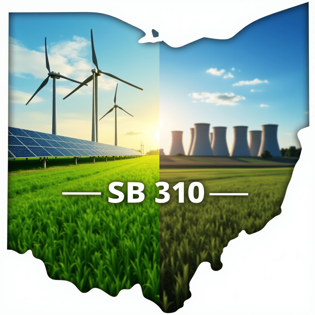 The generated image powerfully illustrates the potential impact of Ohio's Senate Bill 310 on the state's renewable energy landscape. The split composition effectively contrasts the state's energy future with and without the bill's implementation. On the left side, we see a vibrant scene representing Ohio's progress in renewable energy. Wind turbines and solar panels dominate the landscape, symbolizing the state's commitment to clean energy sources. The bright colors and lush green fields convey a sense of environmental health and economic vitality. In stark contrast, the right side of the image depicts a more somber scenario. The same landscape appears faded and less vibrant, with fewer renewable energy installations. Fossil fuel power plants become more prominent, representing a regression to traditional energy sources. This side effectively visualizes the potential consequences of SB 310's freeze on renewable energy standards. The Ohio state outline serves as a divider between these two scenarios, with "SB 310" prominently displayed. This central element emphasizes that the bill is the pivotal factor determining which energy future Ohio will embrace. The image's contrasting colors and compositions powerfully communicate the article's main points: The potential setback to Ohio's clean energy progress The economic and environmental implications of freezing renewable energy standards The stark choice facing Ohio between embracing renewable energy and reverting to fossil fuel dependence This visual representation effectively captures the essence of the debate surrounding SB 310, making the potential consequences of the bill immediately apparent to viewers. It serves as a compelling companion to the article, reinforcing the importance of renewable energy policies in shaping a state's environmental and economic future.