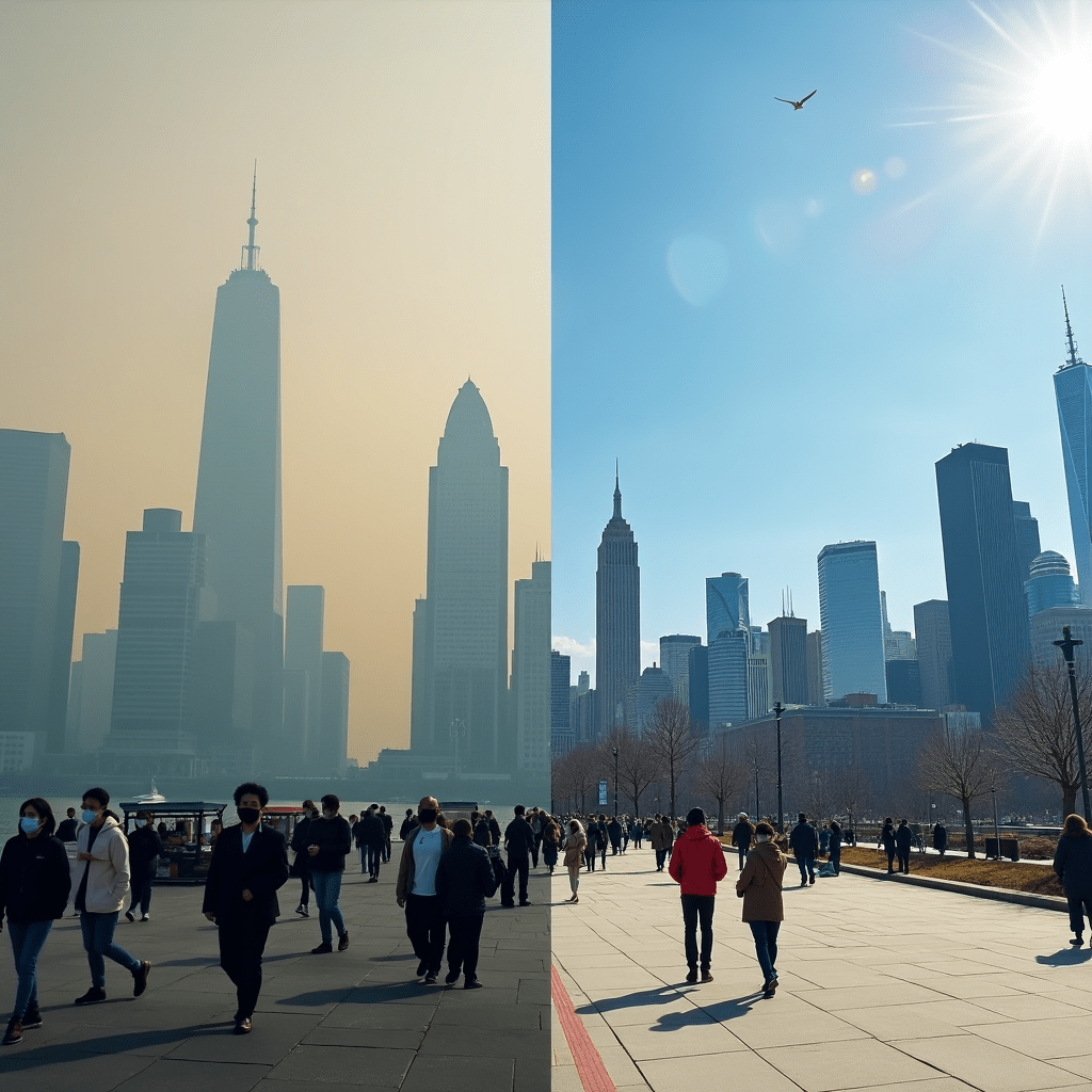 The generated image powerfully illustrates the air quality crisis described in the article. It uses a split-screen composition to contrast good and bad air quality days in an urban setting: On the left side, we see a smoggy cityscape representing the dangerous bad air days. Hazy skyscrapers loom in the background, their outlines blurred by thick pollution. People on the street wear masks, visually emphasizing the health risks associated with poor air quality. The color palette on this side is dominated by grays and browns, creating a somber and oppressive atmosphere. In stark contrast, the right side of the image depicts the same city on a clear day. The skyscrapers stand crisp and clear against a vibrant blue sky. People are shown enjoying outdoor activities, highlighting the importance of clean air for public health and quality of life. The colors on this side are bright and vivid, creating a sense of vitality and well-being. Between the two sides, we see elements representing the EPA's role in monitoring and addressing air quality issues. These include air quality monitoring stations and warning signs, which serve as a visual reminder of the ongoing efforts to track and improve air quality. The dramatic contrast between the two sides of the image effectively conveys the severity of the air quality crisis, where over 2,000 dangerous bad air days were logged in just seven months of 2011. It visually reinforces the article's message about the urgent need for action to address air pollution and protect public health. This compelling visual representation adds significant impact to the article, helping readers grasp the real-world implications of air quality statistics and the importance of environmental protection efforts.