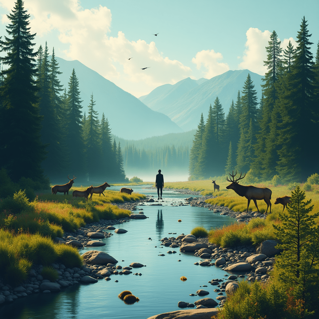 The generated image powerfully illustrates the crucial role of wolves in maintaining ecosystem health. It employs a split-screen composition to contrast landscapes with and without wolf presence. On the left side, a vibrant, thriving ecosystem showcases the positive impact of wolf conservation. Lush vegetation covers the ground, while a diverse array of wildlife, including wolves, elk, and birds, inhabit the scene. A clear stream runs through the landscape, with beavers constructing a dam, highlighting the interconnectedness of species. In stark contrast, the right side depicts the same landscape devoid of wolves. The absence of these apex predators has led to visible ecological imbalance. Overgrazed vegetation and eroded riverbanks dominate the scene, with noticeably fewer animal species present. The colors on this side are muted, emphasizing the diminished vitality of the ecosystem. At the center of the image, a human silhouette bridges both sides, symbolizing humanity's integral role in and dependence on healthy ecosystems. This central figure serves as a powerful reminder that our actions in conservation directly impact the world around us. The image also subtly incorporates elements of scientific research and conservation efforts. A distant research station and wildlife tracking collar can be spotted, underlining the importance of ongoing study and management in wolf conservation. This visual representation effectively captures the key points of our discussion: The vital role of wolves as keystone species in maintaining ecological balance The far-reaching positive effects of wolf reintroduction on various aspects of the ecosystem The stark contrast between landscapes with and without wolf presence The interconnectedness of different species within a healthy ecosystem The importance of human involvement in conservation efforts The image serves as a compelling visual argument for the importance of wolf conservation, illustrating how saving wolves is indeed akin to saving humanity and the ecosystem at large.