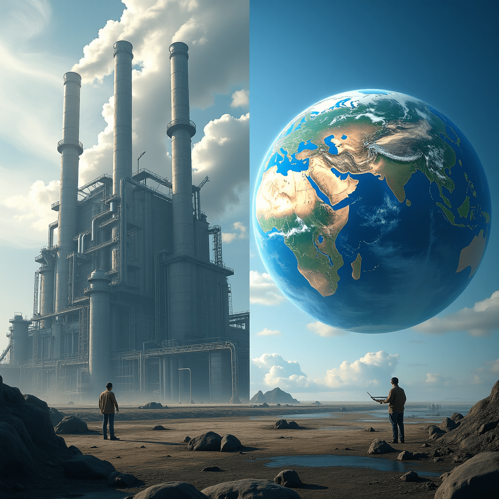 The generated image effectively captures the essence of carbon capture and storage (CCS) technology and its global impact. The split-screen composition highlights both the technological challenges and the worldwide efforts in this field. On one side, we see a massive direct air capture facility. Towering structures dominate the landscape, showcasing the enormous scale required for effective carbon capture. Intricate piping systems and complex machinery illustrate the advanced engineering involved in processing vast amounts of air to extract CO2. The other side of the image features a globe with various CCS projects highlighted across different continents. This visual representation emphasizes the global nature of carbon capture efforts and the international collaboration required to address climate change. In the foreground, scientists and engineers are depicted working on innovative designs. This element underscores the ongoing research and development crucial to advancing CCS technology. The image successfully conveys both the enormous scale of the carbon capture challenge and the cutting-edge technology involved. It serves as a powerful visual companion to the article, helping viewers grasp the complexity and importance of CCS in the fight against climate change.