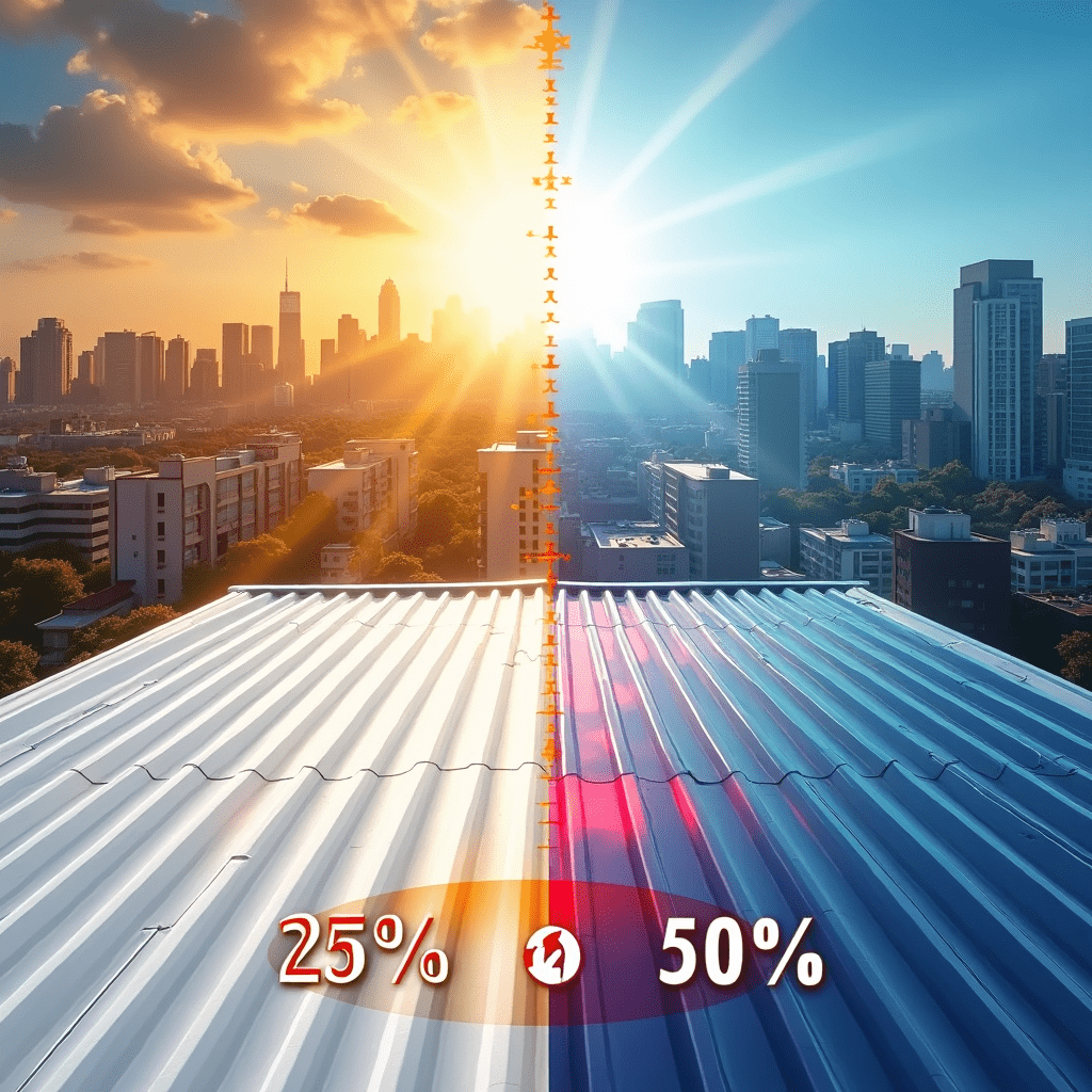 The generated image vividly illustrates the future of cool roof technology, as envisioned by the DOE and Dow partnership. The split-screen composition effectively contrasts current cool roof technology with the potential advancements on the horizon. On the left side, a traditional white cool roof reflects sunlight, representing the current state of the technology. The right side showcases a more advanced cool roof with a vibrant color palette, demonstrating the potential for aesthetically pleasing options that maintain high energy efficiency. Above both roofs, the sun's rays visibly bounce off the surfaces, emphasizing the reflective properties crucial to cool roof functionality. This visual element clearly communicates the core principle of cool roof technology - redirecting solar energy to reduce heat absorption. In the foreground, a prominent graph displays the projected increase in energy savings from 25% to 50%. This visual representation effectively conveys the ambitious goal of the DOE-Dow partnership to significantly improve cool roof performance. The DOE and Dow logos, subtly placed in opposite corners, symbolize the collaboration between government and industry in driving this technological advancement. The background cityscape transitions from a heat-stressed urban environment on the left to a cooler, more energy-efficient city on the right. This transformation illustrates the broader impact of improved cool roof technology on urban heat islands and overall energy consumption. Overall, the image powerfully captures the essence of the article, showcasing the potential for cool roofs to revolutionize urban energy efficiency and combat climate change. It brings to life the exciting possibilities that the DOE-Dow partnership aims to unlock in the realm of sustainable building technologies.