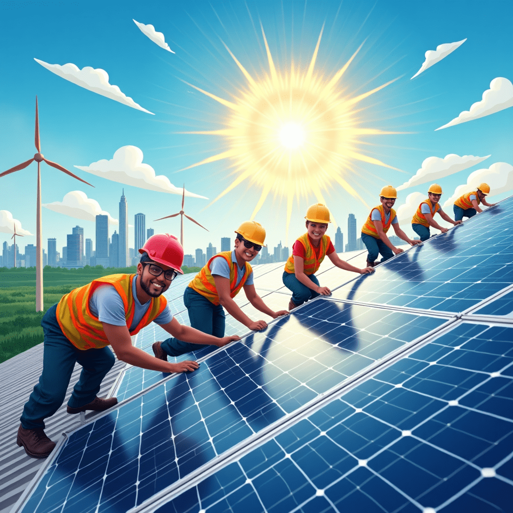 Wow, folks! Feast your eyes on this solar-powered masterpiece! It's like someone bottled up all the excitement of the US solar boom and splashed it onto a digital canvas. Front and center, we've got a crew of solar superheroes installing panels on a rooftop. These folks are more diverse than a bag of trail mix, and they're beaming brighter than the sun they're harnessing. It's like they know they're part of something big, and boy, are they proud of it! But hold onto your recyclable hats, because the background is where the real magic happens. We're watching a city transform right before our eyes! On one side, we've got your typical concrete jungle. But on the other? It's a solar-powered paradise! Buildings are sprouting panels like they're going out of style (which, let's face it, they're definitely not). The sky? It's not just blue; it's the kind of blue that makes you want to quit your day job and become a solar installer. And that sun! It's not just shining; it's practically winking at us, saying, "Hey, America, what took you so long?" Check out those graph lines formed by the sun's rays. They're shooting up faster than a SpaceX rocket, showing us just how explosive this solar growth is. And speaking of explosive, did you catch those numbers in the corner? "119% Growth" and "16GW" are lit up like Times Square on New Year's Eve! But wait, there's more! In the distance, wind turbines are spinning away, reminding us that solar's not the only renewable game in town. It's like the whole image is screaming, "The future of energy is here, and it's cleaner than your grandma's kitchen!" This, my friends, is more than just a pretty picture. It's a glimpse into a future where our rooftops work as hard as we do, our cities shine with clean energy, and our skies are as clear as our conscience. It's the American dream, solar-powered edition! So, what do you say? Are you ready to join this solar revolution? Because if this image is anything to go by, the future's not just bright - it's blinding!