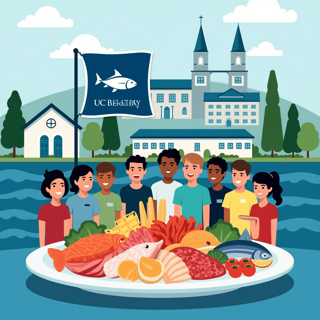 Wow, folks! Let's dive into this ocean of awesomeness that is UC Berkeley's sustainable seafood certification! Picture this: The iconic UC Berkeley campus stands proud in the background, its buildings practically glowing with eco-friendly pride. But what's really catching everyone's eye is the massive platter of seafood in the foreground. We're talking a smorgasbord of ocean delights - plump salmon, sleek tuna, flaky cod, and shellfish that look so fresh, you can almost smell the sea breeze! Now, here's the kicker - that big blue Marine Stewardship Council label is waving like a victory flag over the whole scene. It's like Mother Nature herself is giving UC Berkeley a high-five! But wait, there's more! A diverse group of students are gathered around this feast, their faces lit up with excitement. You can almost hear them chatting about sustainable fishing practices between bites. It's like a party where everyone's invited, and the guest of honor is our oceans! The whole image is awash with vibrant colors that'll make your eyes pop. There are even little ocean waves lapping at the edges, reminding us of the big blue we're all working to protect. And for all you fact-lovers out there, keep an eye out for those nifty infographics scattered around. They're dishing out bite-sized facts about sustainable fishing faster than you can say "Pass the tartar sauce!" This image isn't just a picture - it's a celebration of UC Berkeley's commitment to our oceans. It's got all the energy of a campus rally, the deliciousness of a seafood feast, and the importance of a world-changing initiative all rolled into one. So, what do you think? Does this image make you want to dive into sustainable seafood choices? Because let me tell you, every time I look at it, I can almost taste the difference we're making for our oceans, one certified fish at a time!