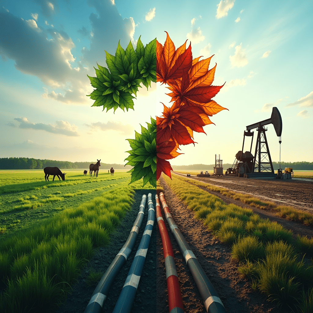 Wow, folks! This image really captures the heart of the Keystone XL pipeline debate that was heating up back in 2014. It's like looking at two different worlds colliding, and boy, does it pack a punch! On one side, we've got Mother Nature in all her glory. Picture this: lush green forests, crystal-clear streams, and wildlife roaming free. It's the kind of scene that makes you want to take a deep breath of fresh air and maybe hug a tree or two. This side represents all the environmental concerns that had folks worried about the pipeline. But hold onto your hard hats, because the other side is a whole different story! We're talking oil rigs reaching for the sky, hardworking folks in their safety gear, and of course, that big ol' pipeline snaking its way through the landscape. It's like an industrial ballet, showcasing the economic potential that had pipeline supporters all fired up. Now, here's where it gets really interesting. Right smack in the middle, there's this massive question mark. But get this - it's not just any old punctuation. Half of it's made of oil, slick and black, while the other half is crafted from leaves and vines. It's like the ultimate visual metaphor for the big question on everyone's minds: Is this pipeline really in our national interest? And just to drive home the point that this was a red-hot American issue, there are subtle touches of red, white, and blue sprinkled throughout the background. It's like Uncle Sam himself is keeping a watchful eye on the whole debate. This image doesn't just show two sides of an argument; it tells a story. A story of jobs versus environment, energy independence versus climate change, and the tough choices facing our nation. It's a reminder that sometimes, there are no easy answers when it comes to balancing progress and preservation. So, what do you think? Does this image capture the complexity of the Keystone XL debate? Can you feel the tension between those two worlds? And most importantly, which side would you lean towards if you had to make the call? Remember, whether you're Team Pipeline or Team Environment, we're all in this together. So let's keep the conversation going, keep learning, and keep working towards a future that's both prosperous and green. After all, isn't that the real national interest we should all be fighting for?