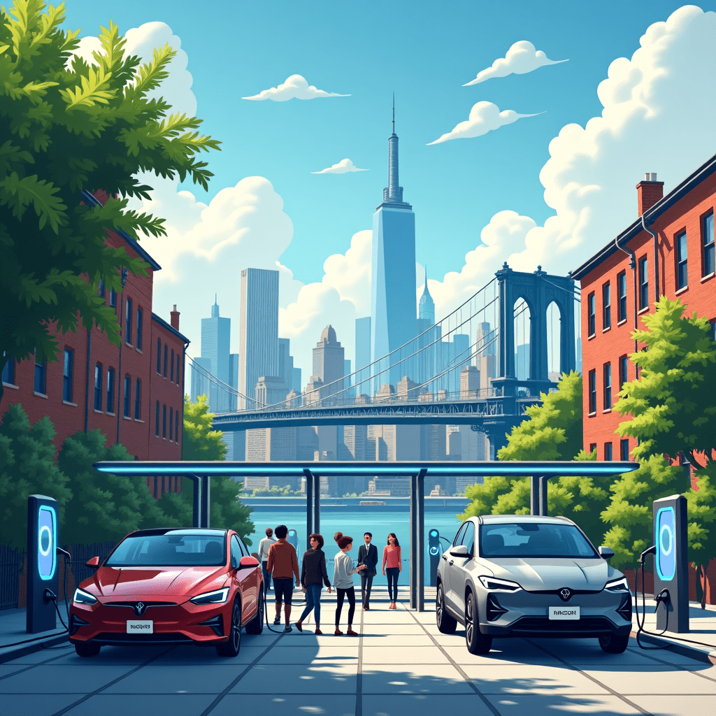 An image showcasing New York City's EV charging revolution, featuring a modern fast-charging station in the Bronx with the iconic Manhattan skyline in the background.