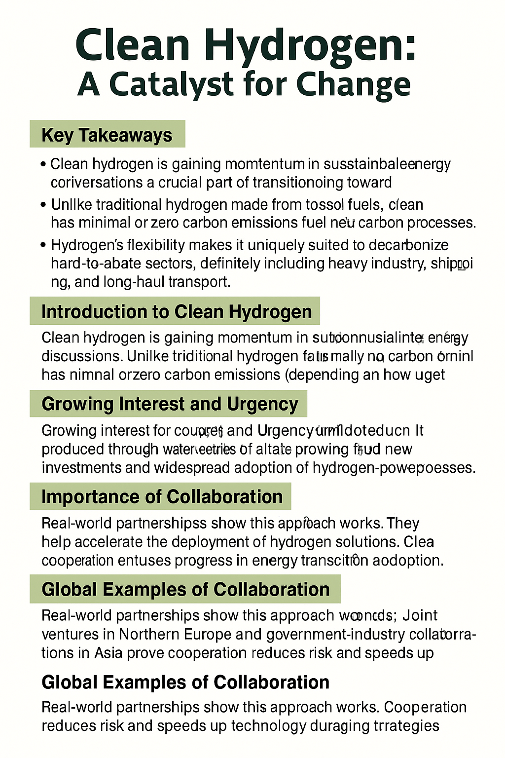 Clean Hydrogen infographic with key takeaways, benefits, and collaboration strategies
