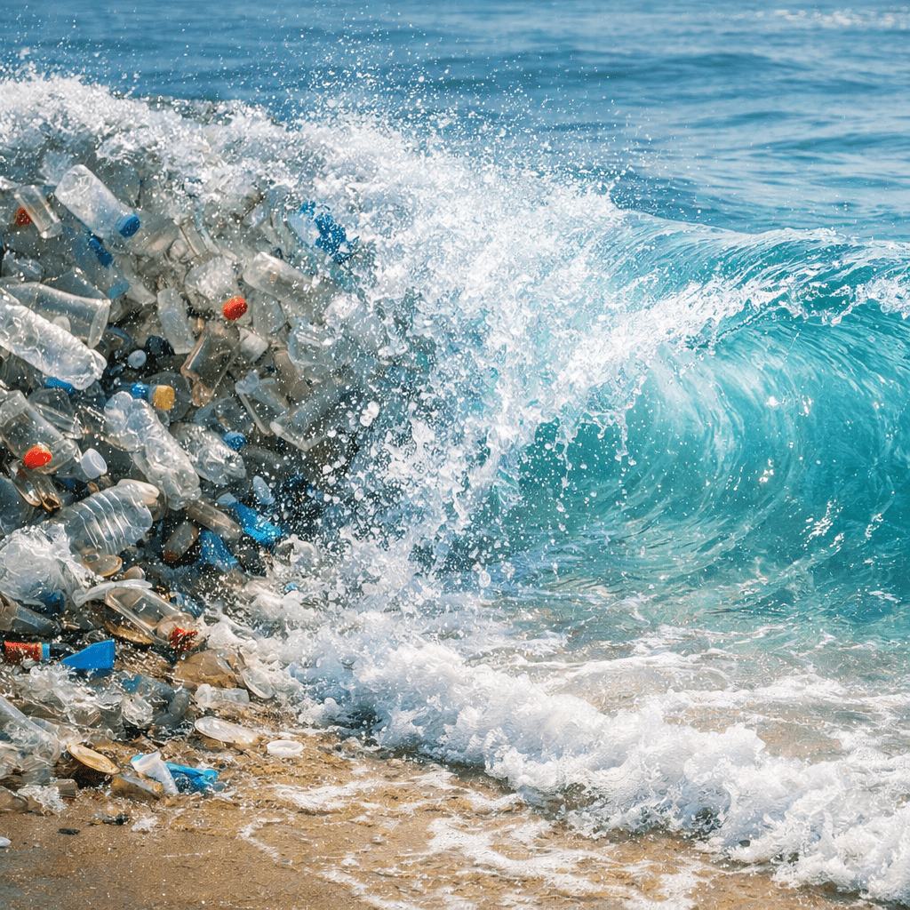 Ocean wave washing plastic bottles and trash onto a sandy beach