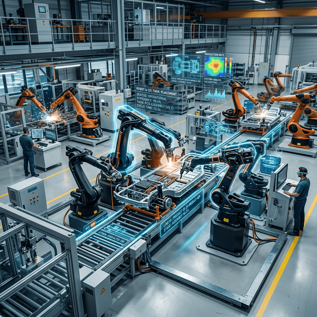 Multiple robotic arms assembling components on a conveyor belt with workers monitoring data on screens