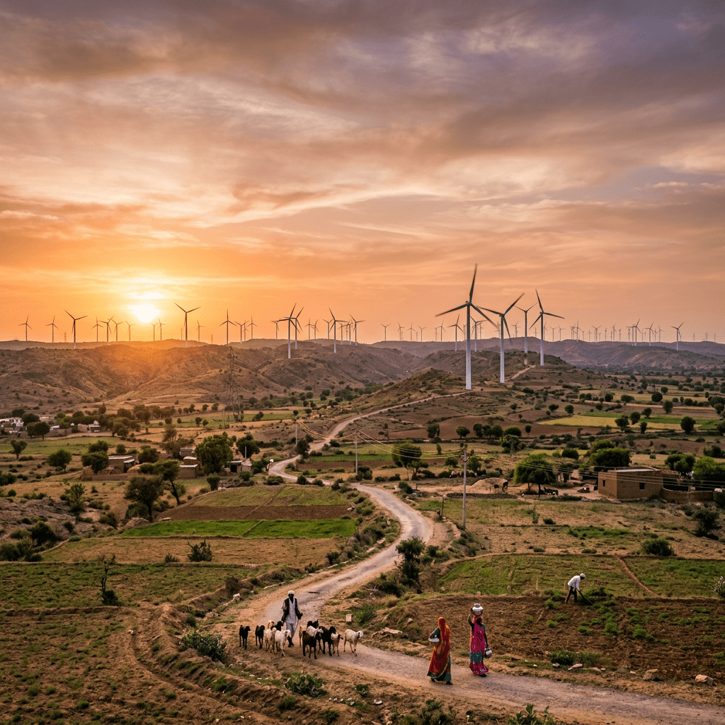 Rural landscape with people walking and tending animals near wind turbines during sunset