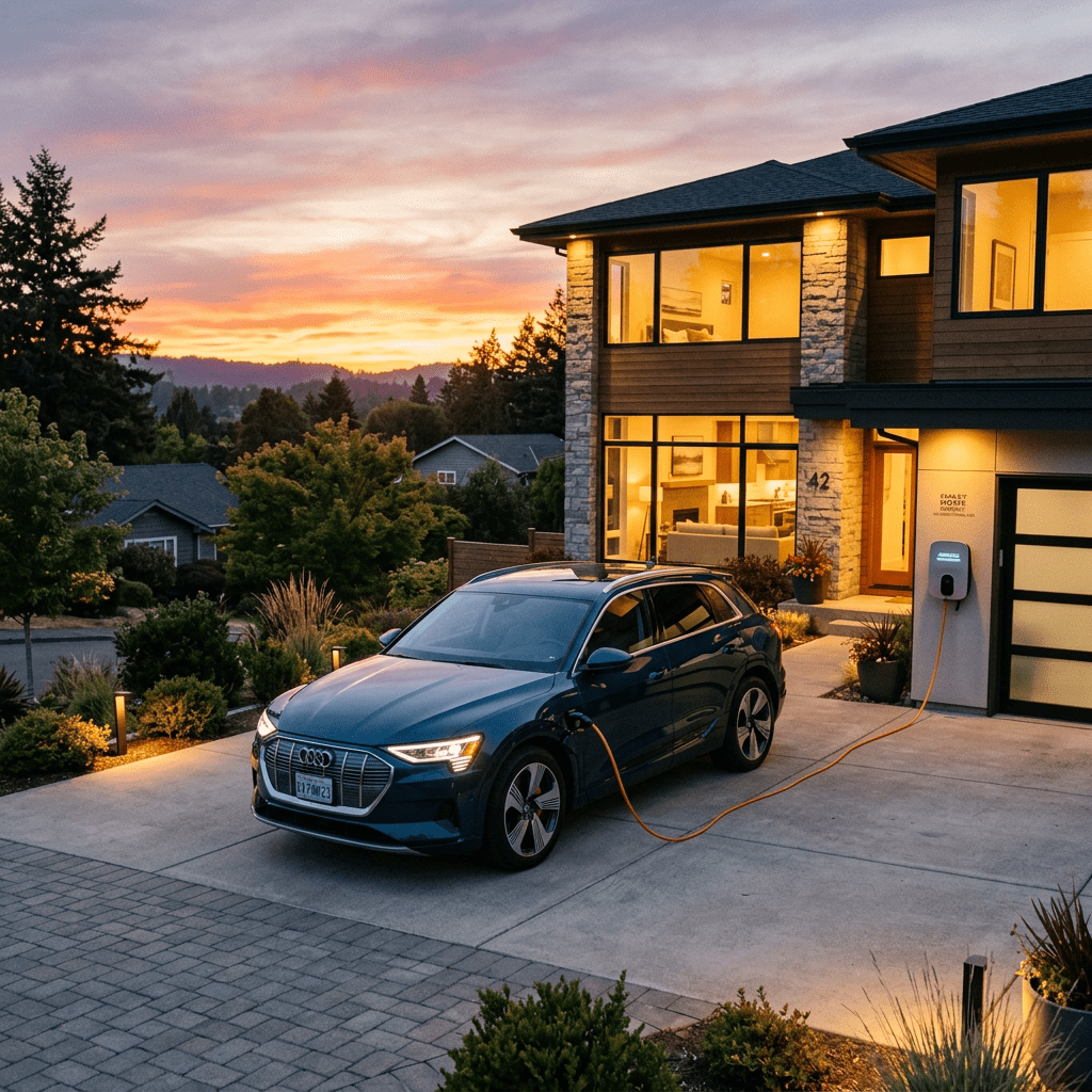 Electric blue Audi SUV charging outside modern house driveway at sunset