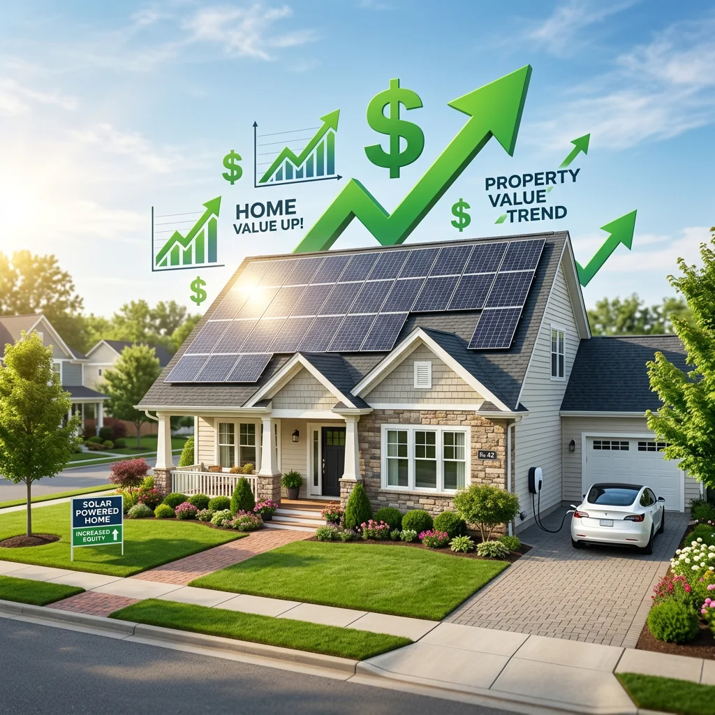 House with solar panels and growing home value graphs