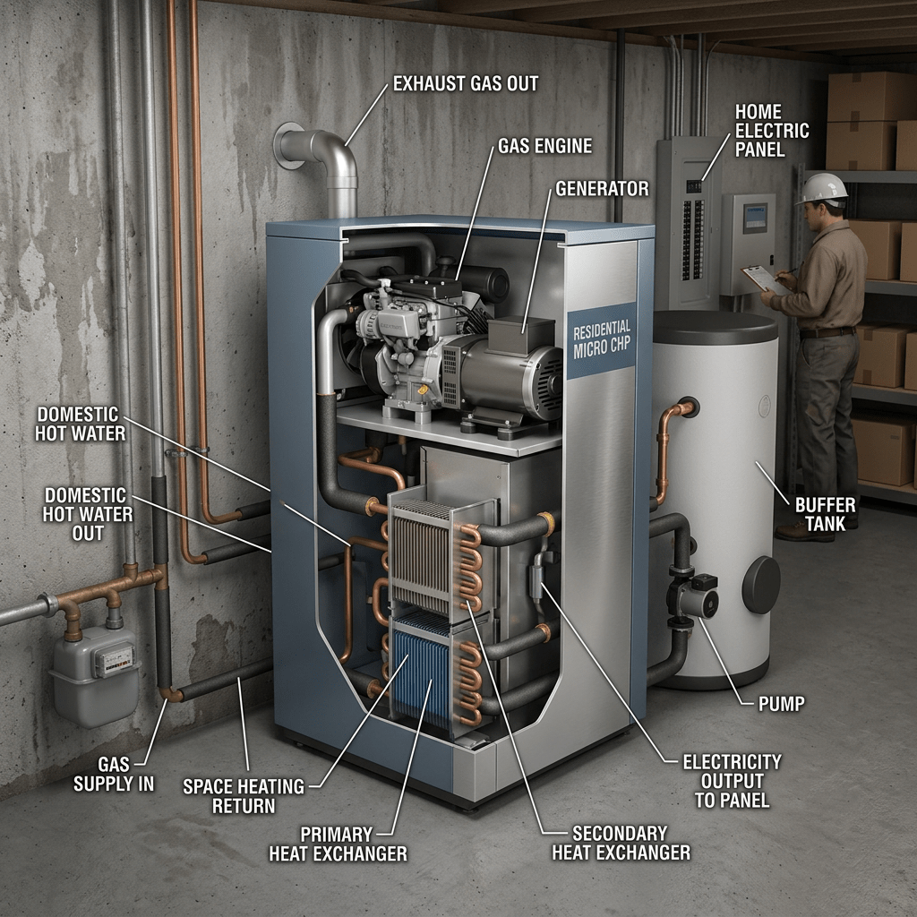 Labeled components of a residential micro combined heat and power system including gas engine, generator, heat exchangers, buffer tank, and electric panel