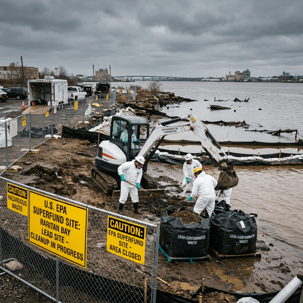 Workers in white protective suits and helmets handling lead-contaminated waste at EPA Superfund site near water