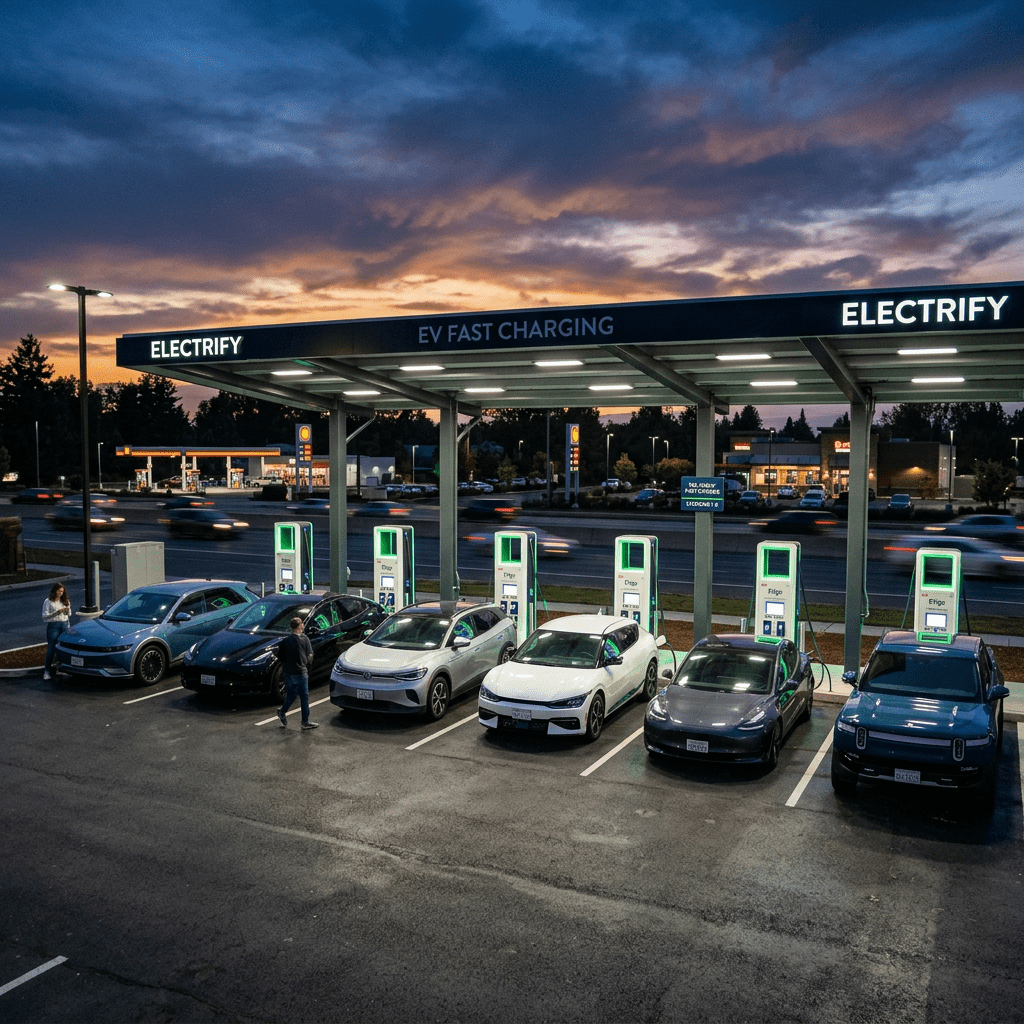 Electric vehicles charging at a fast charging station under a canopy during sunset