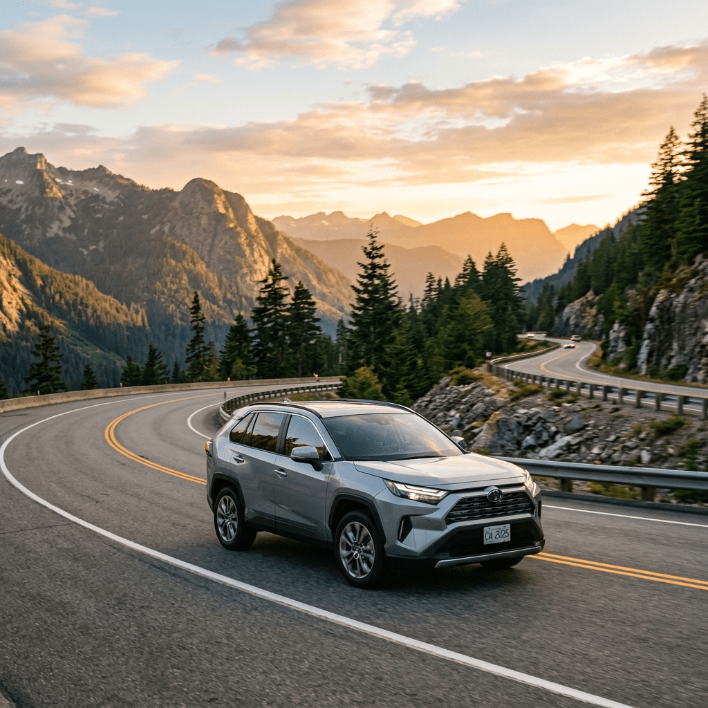 Silver SUV driving on a curving mountain road with pine trees and mountains in the background at sunset